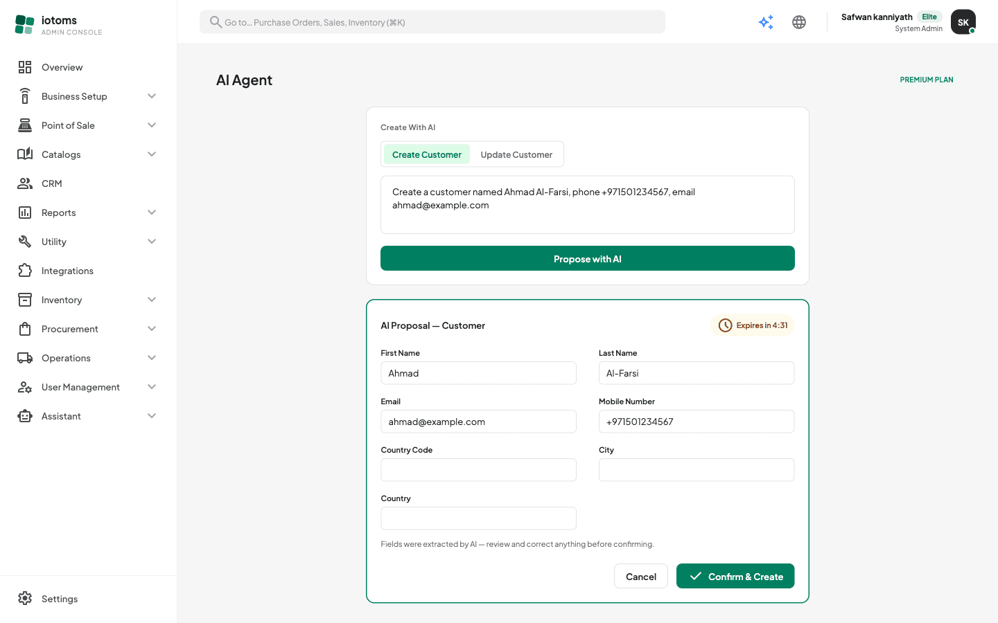 AI proposal card with extracted customer fields, expiry timer, and Confirm & Create