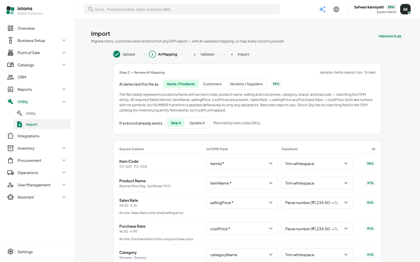 Mapping table with source columns, IoTOMS fields, transforms, and AI confidence chips