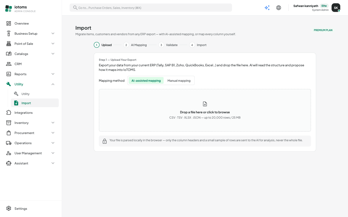 AI Import upload step with the mapping method toggle and file drop zone