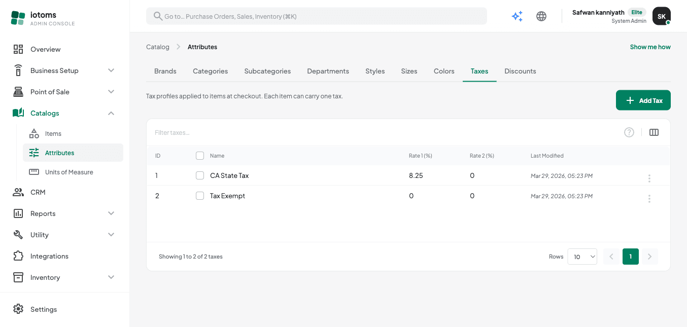 Attributes screen with the Taxes tab open