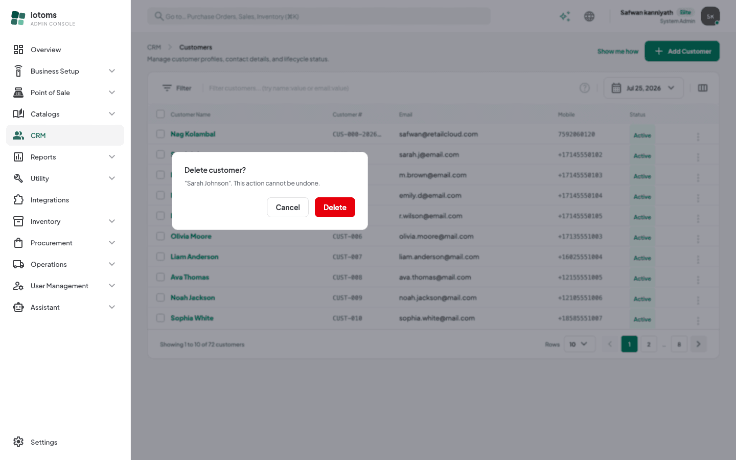 Delete customer confirmation dialog
