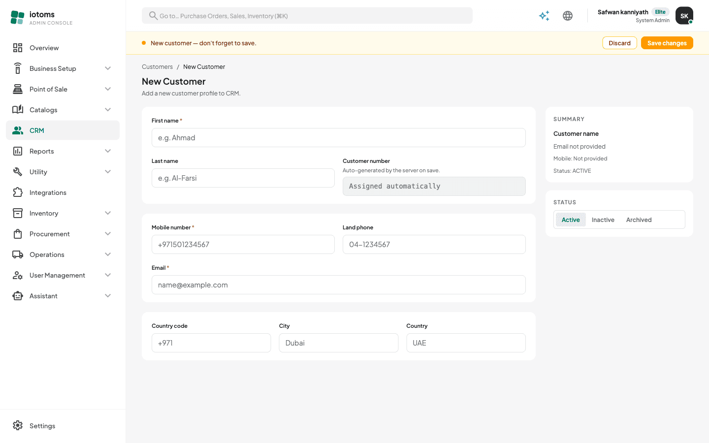 New Customer form with Basic info, Contact info, and Location cards