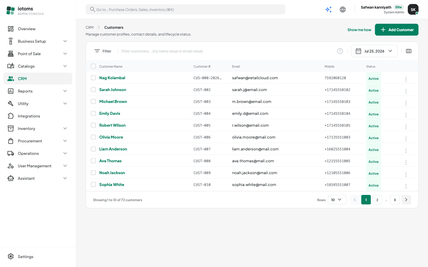 Customers list showing name, customer number, email, mobile, and status columns
