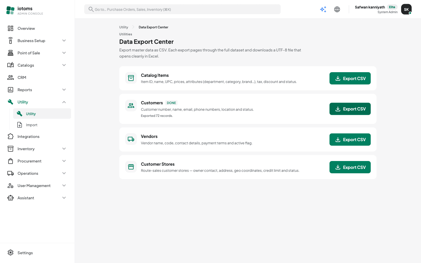Data Export Center with one dataset export completed