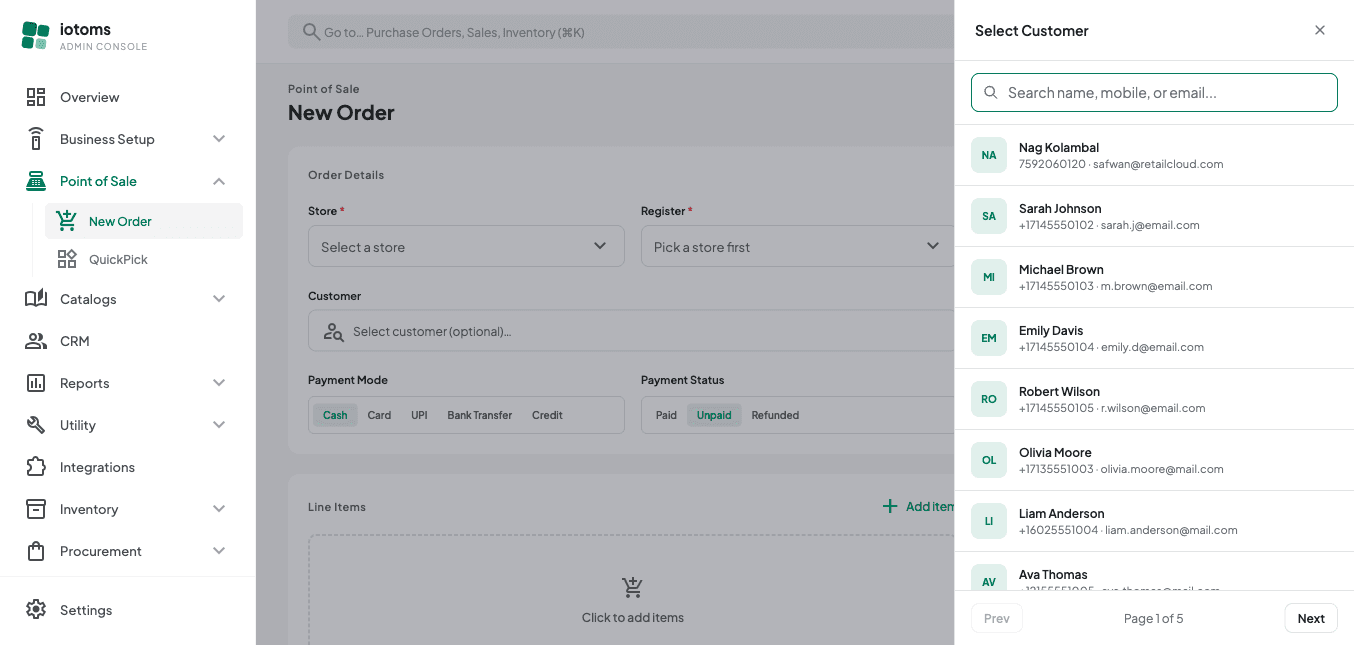 Customer search panel with name, mobile, and email search