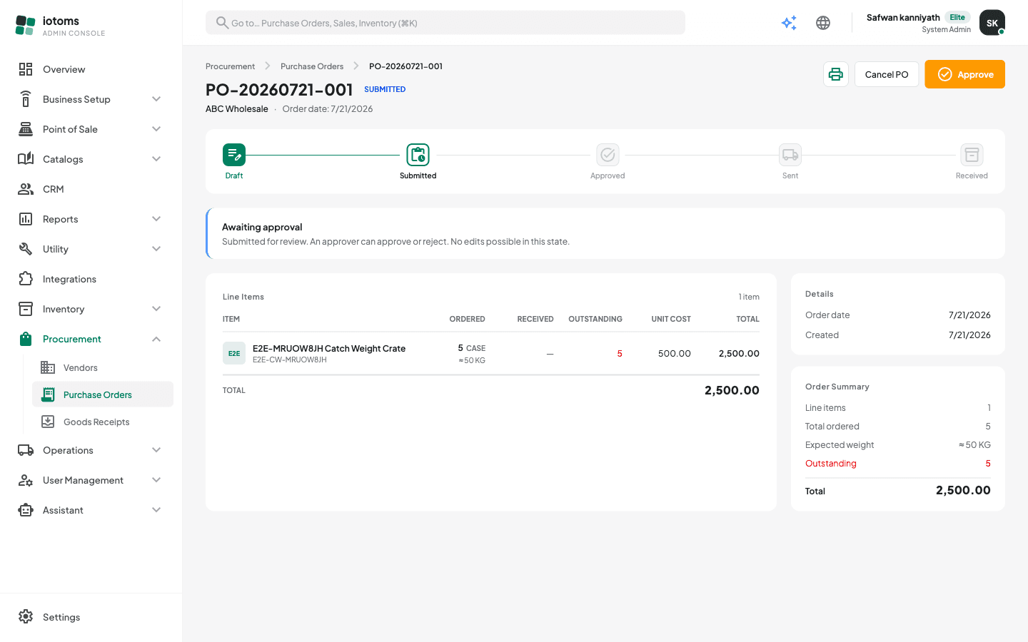 Purchase order detail with status timeline