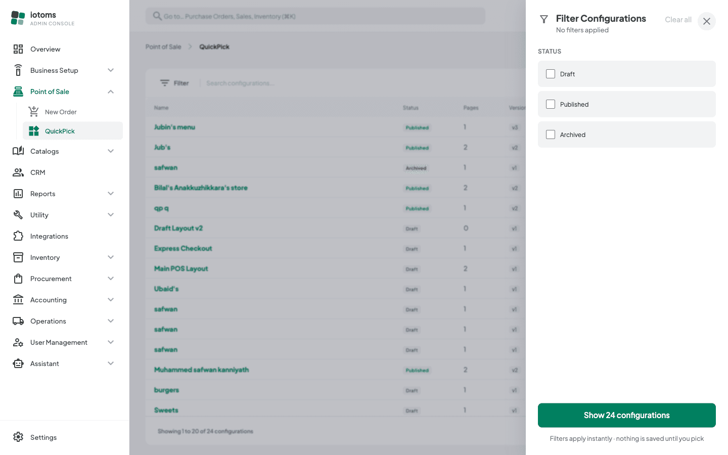 Filter panel open with status checkboxes