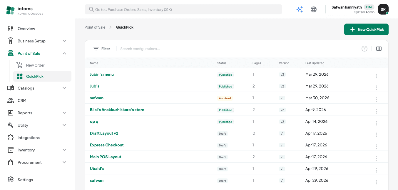 QuickPick configuration list with status, pages, and version columns
