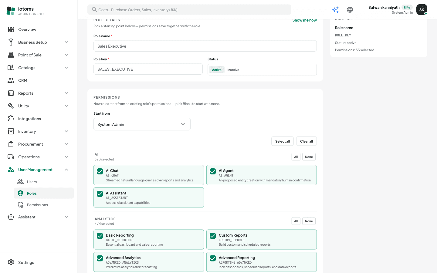 Create-role form with the clone-source dropdown and permission checklist
