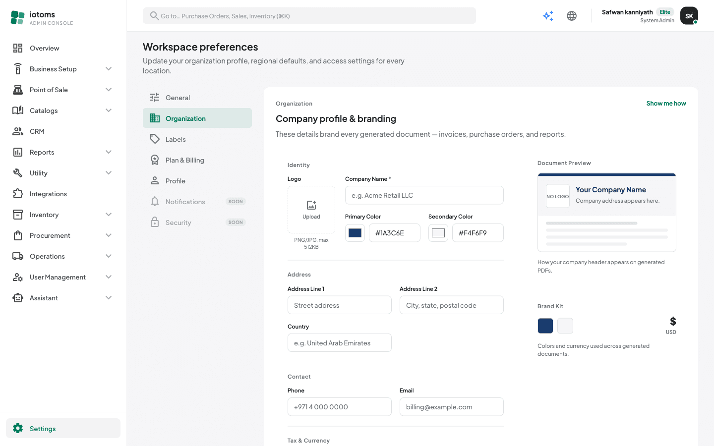 Organization branding form with live document preview