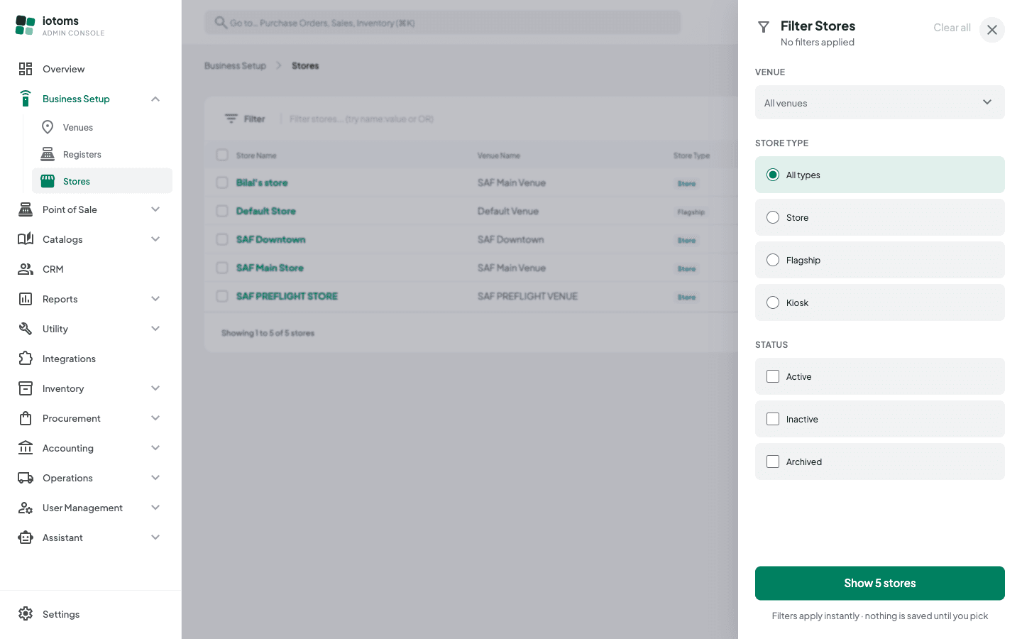 Stores list with the filter drawer open