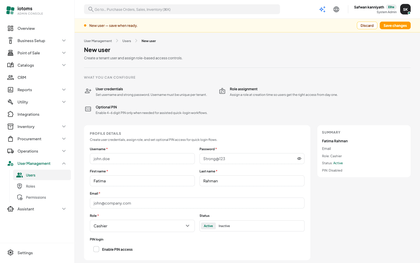 Add-user form with profile details and the summary panel