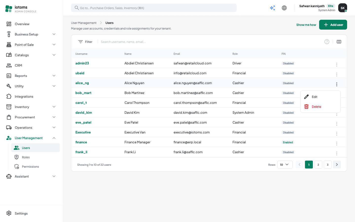 Users list with the row actions menu open