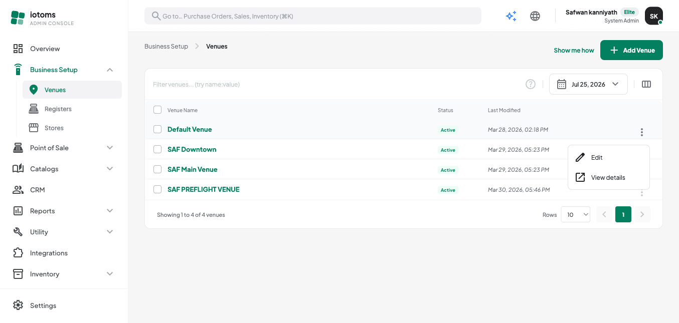 Venues list with the row actions menu open