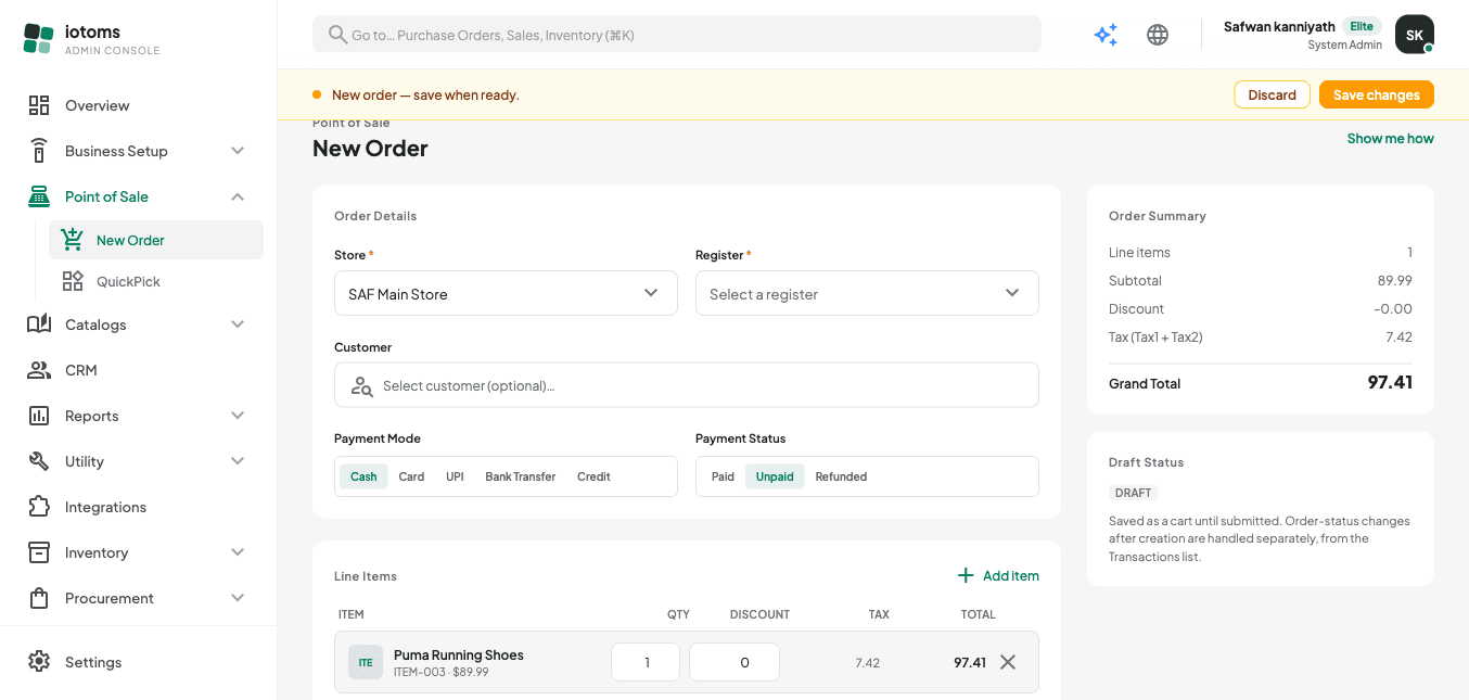 Order summary panel showing subtotal, discount, tax, and grand total