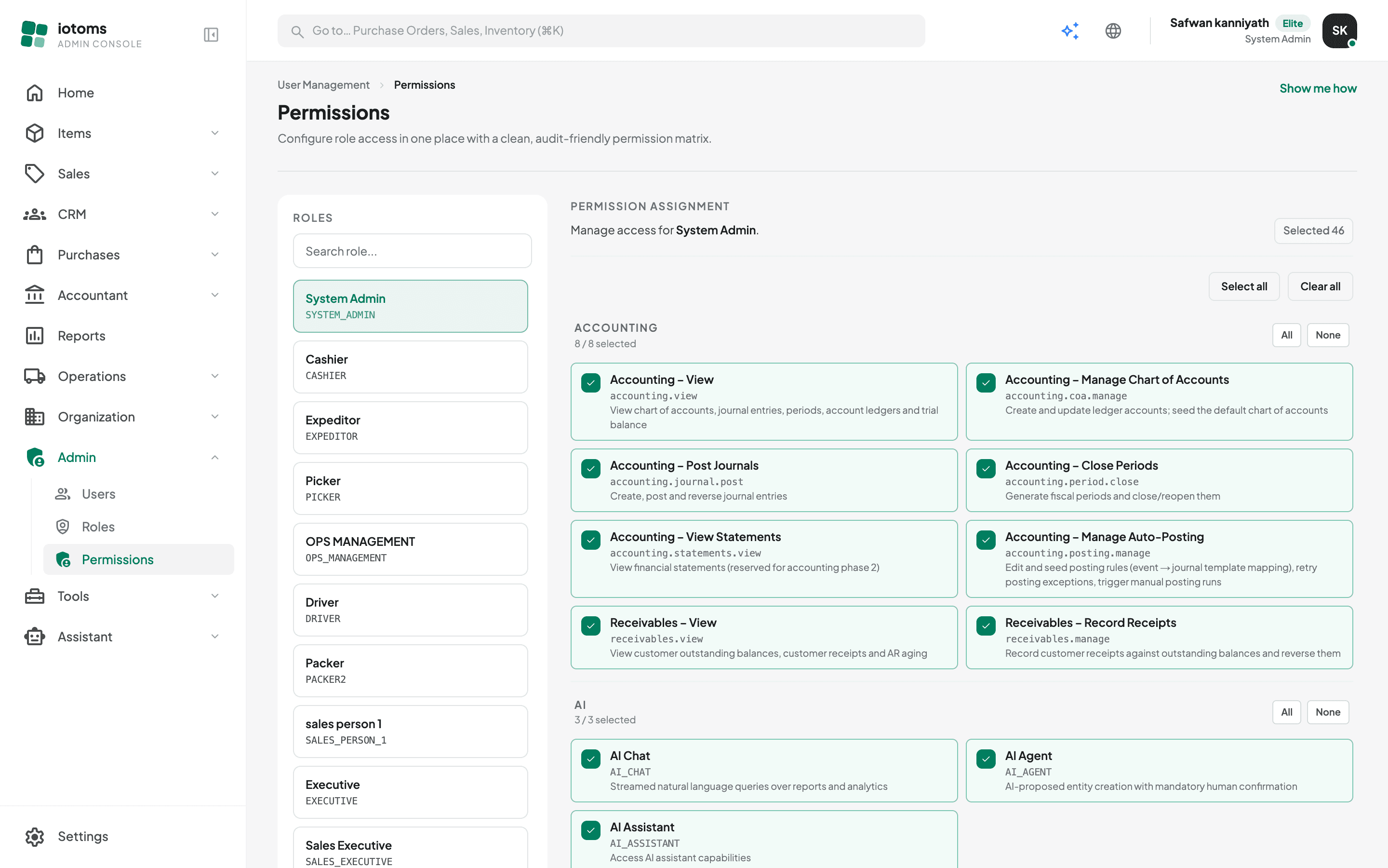 Permissions page with a role selected and the feature checklist