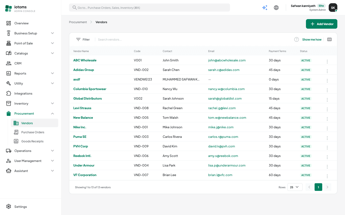 Vendors list